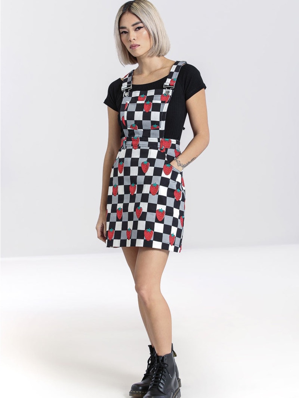 Hell Bunny GINBERRY PINAFORE DRESS - Strawberry checkered print overall dress